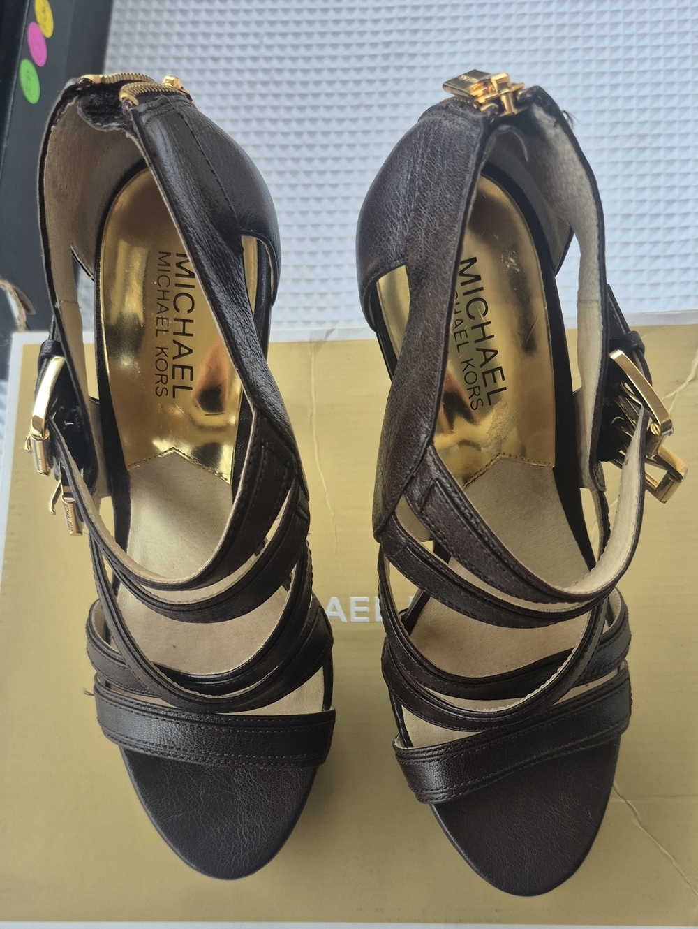 Michael Kors Dark Brown Strappy Heeled Sandals with Gold Accents